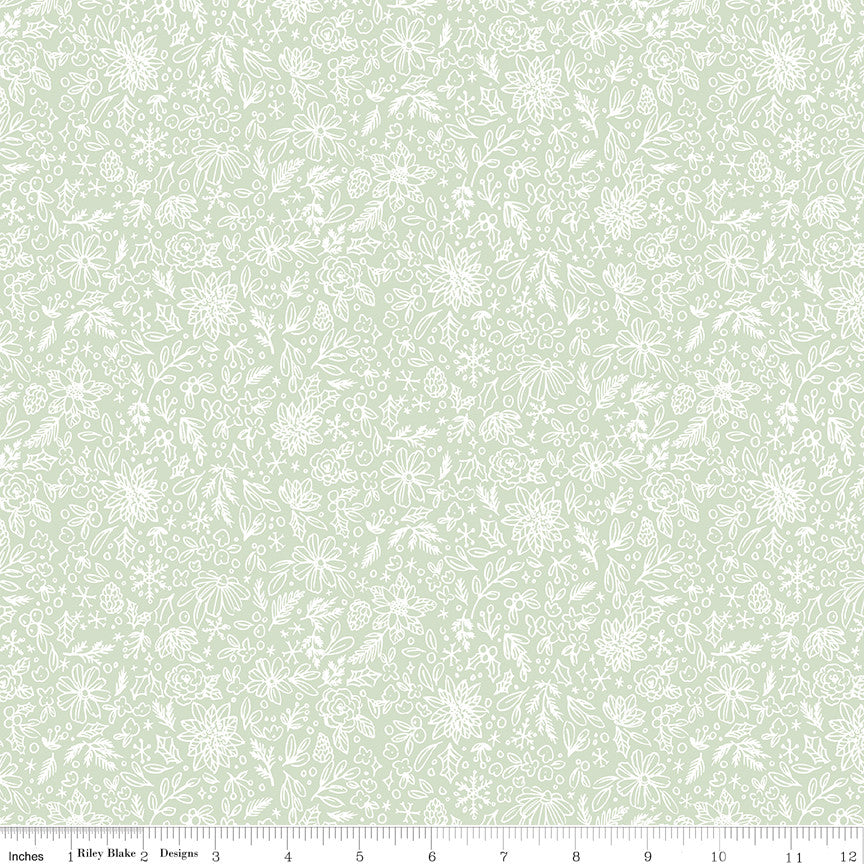 Charming Christmas Floral Outline Mint Yardage by Kelsey Carlson for Riley Blake Designs | C16354-MINT