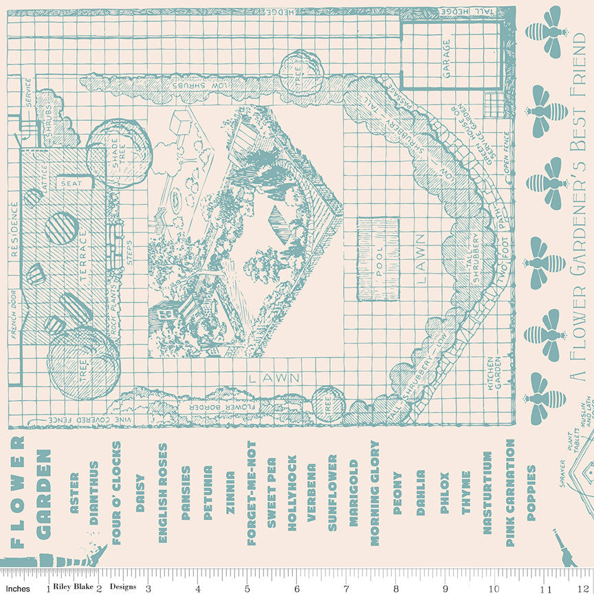 Wide Back Flower Patch Farmers Almanac Yardage by Lori Holt of Bee in My Bonnet | 108" Wide Backing | WB15576-RAINDROP