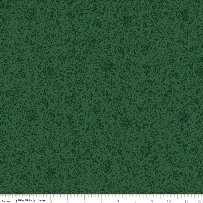 Charming Christmas Floral Outline Green Yardage by Kelsey Carlson for Riley Blake Designs | C16354-GREEN