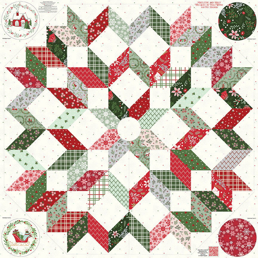 Mistletoe & Holly Tree Skirt and Pot Holder Panel by Beverly McCullough for Riley Blake Designs | Panel size 54" x 54" | PD16410-PANEL