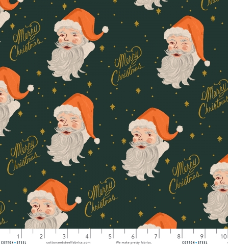 Rifle Paper Holiday Classics Evergreen Metallic Santa Yardage for Cotton and Steel | RP612-EV3M