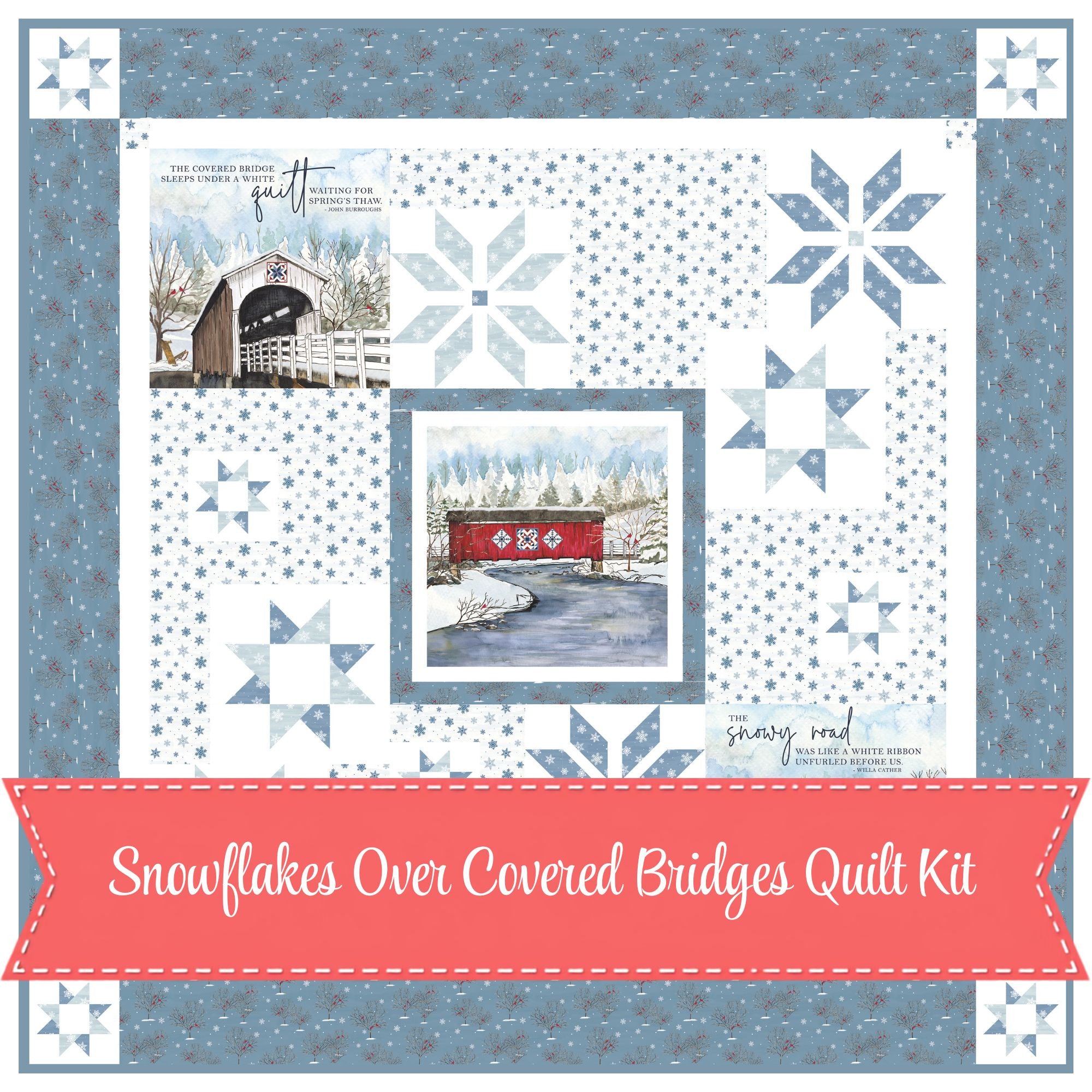 Snowflakes Over Covered Bridges Quilt Kit Boxed With Covered Bridges in Winter by Tara Reed | KT-18000