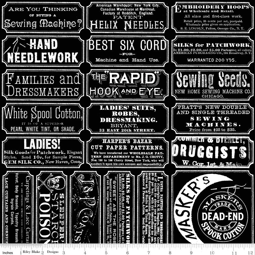 Scary Scraps Scary Sew Labels Black Yardage by J. Wecker Frisch for Riley Blake Designs | C17603-BLACK