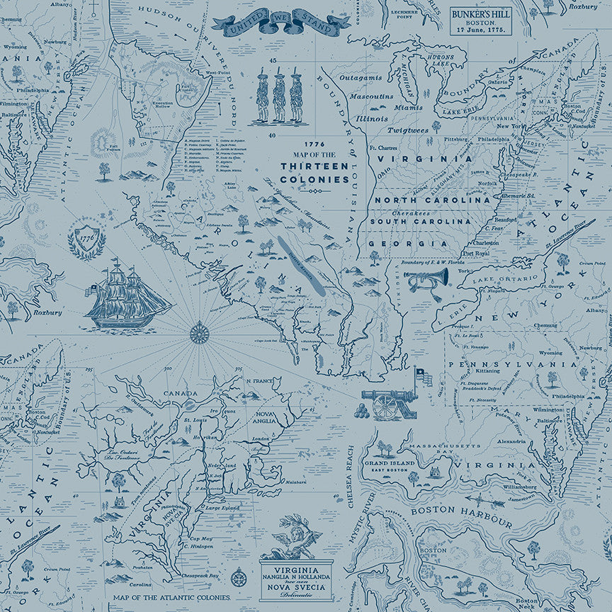 Independence Colonial Map Blue Yardage by the RBD Designers for Riley Blake Designs | C17332-BLUE
