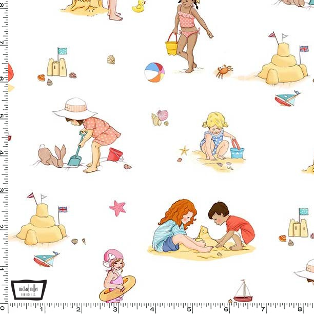 Sunshine and Sandcastles White Seaside Play  Yardage by Belle and Boo for Michael Miller Fabrics |DC11083-WHIT-D |Hand Illustrated Fabric