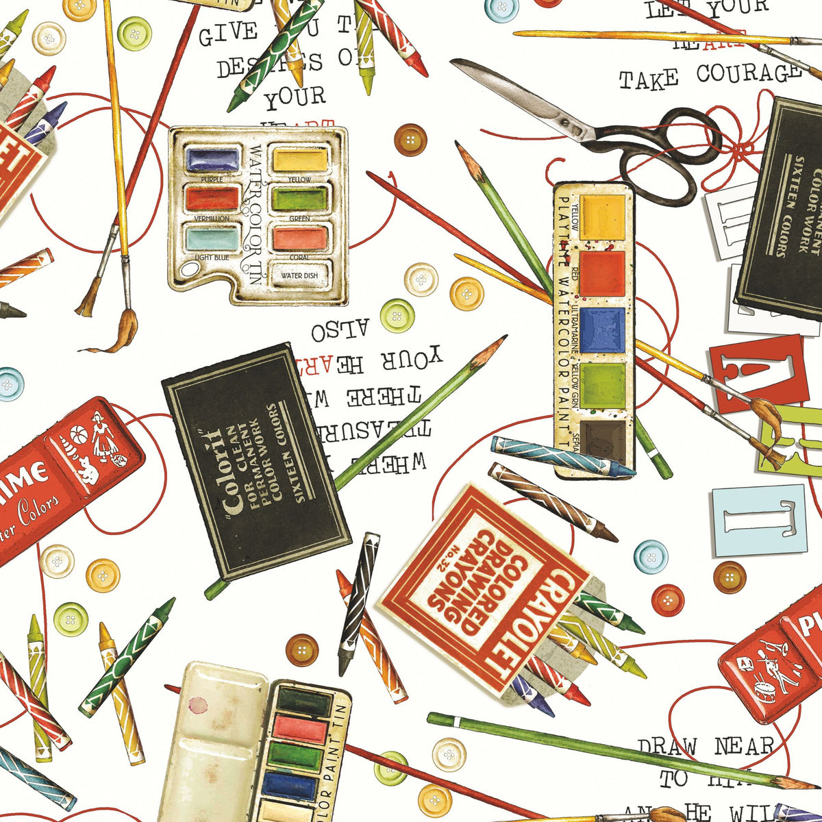 PRESALE She Who Sews–The Maker Draw Near Art Toss White Yardage by J. Wecker Frisch for Riley Blake Designs | CD18527-WHITE