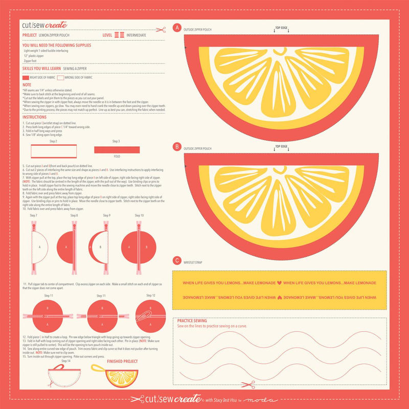 Cut Sew Create Lemon Zipper Pouch Panel by Stacy Iest Hsu for Moda Fabrics | Panel 21" x 22" | 20938 11P