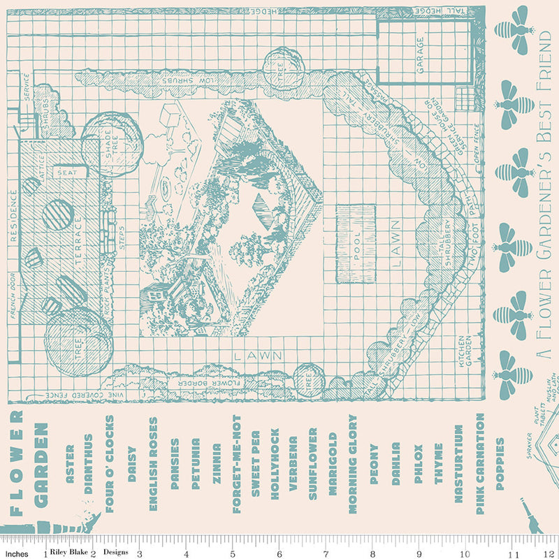 Wide Back Flower Patch Farmers Almanac Yardage by Lori Holt of Bee in My Bonnet | 108" Wide Backing | WB15576-RAINDROP