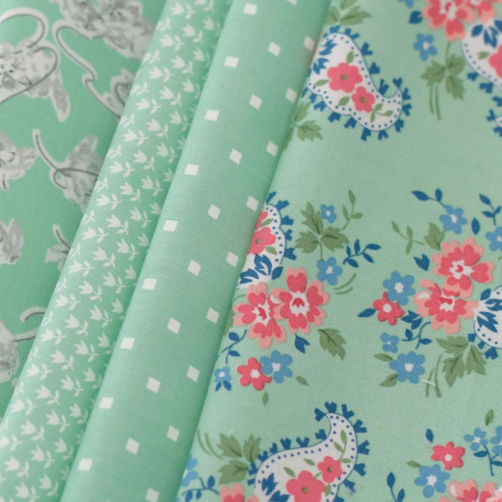 A Cat Named Stitch Custom Fat Quarter Bundle Green by Camille Roskelley for Moda Fabrics | Curated Bundle | 4 Fat Quarters