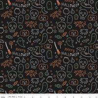 Frank and Friends Halloween Icons Black Glow in the Dark Yardage by My Mind's Eye for Riley Blake Designs | GC17476-BLACK