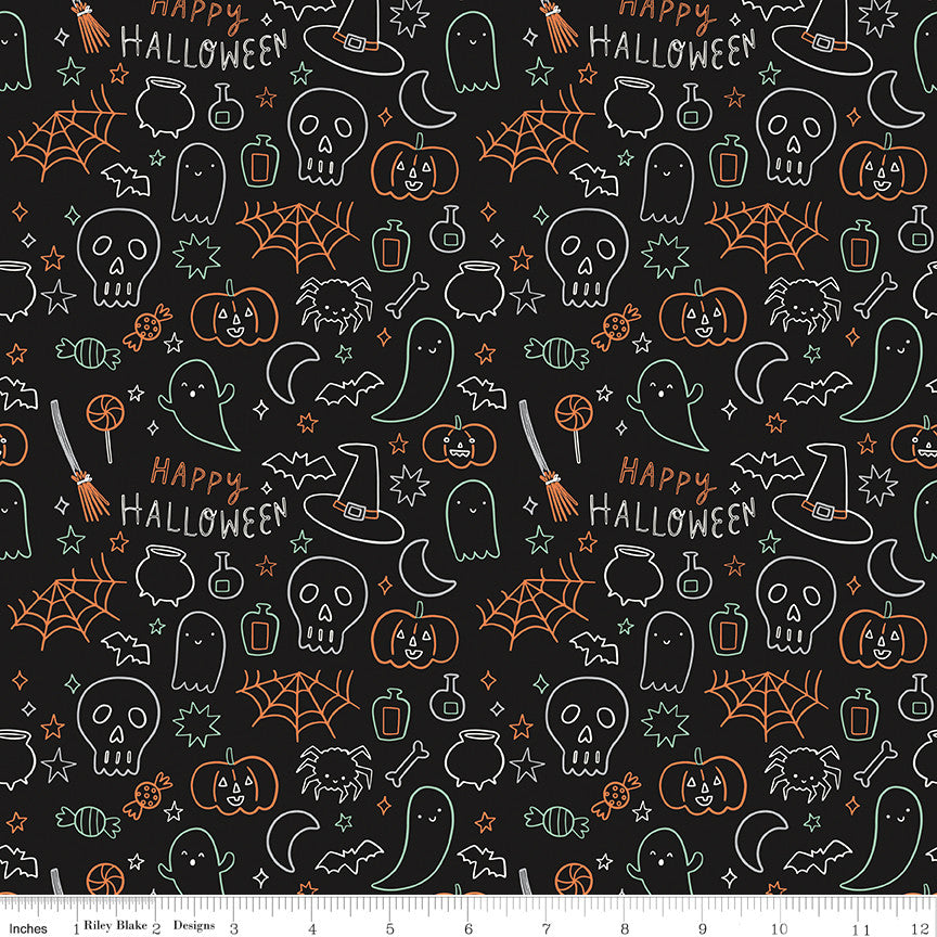 Frank and Friends Halloween Icons Black Glow in the Dark Yardage by My Mind's Eye for Riley Blake Designs | GC17476-BLACK