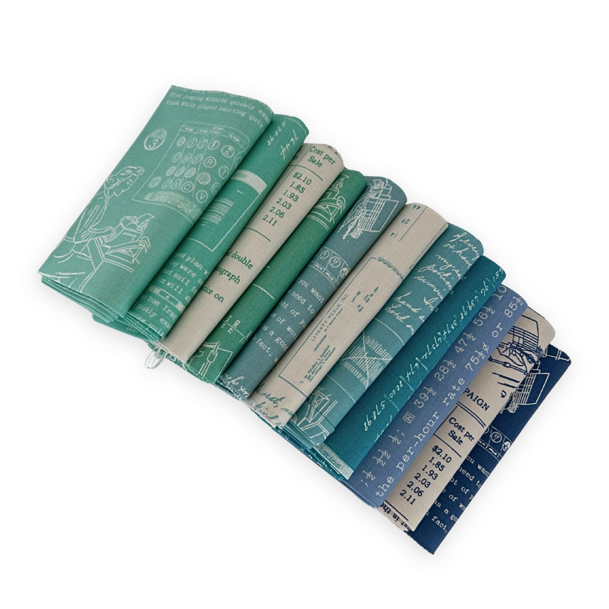 Coastal Fabric Bundle | TYPE/ography by Lori Holt of Bee in my Bonnet | 11 Pieces | Sea Glass, Teal & Navy | Curated Fat Quarter or Half Yard Bundle
