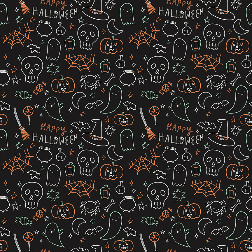 Frank and Friends Halloween Icons Black Glow in the Dark Yardage by My Mind's Eye for Riley Blake Designs | GC17476-BLACK