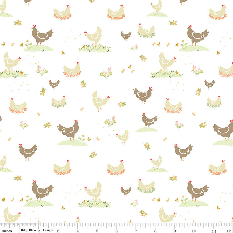 Clover Farm Chickens White Yardage by Gracey Larson for Riley Blake Designs | C14761 WHITE| Cut Options