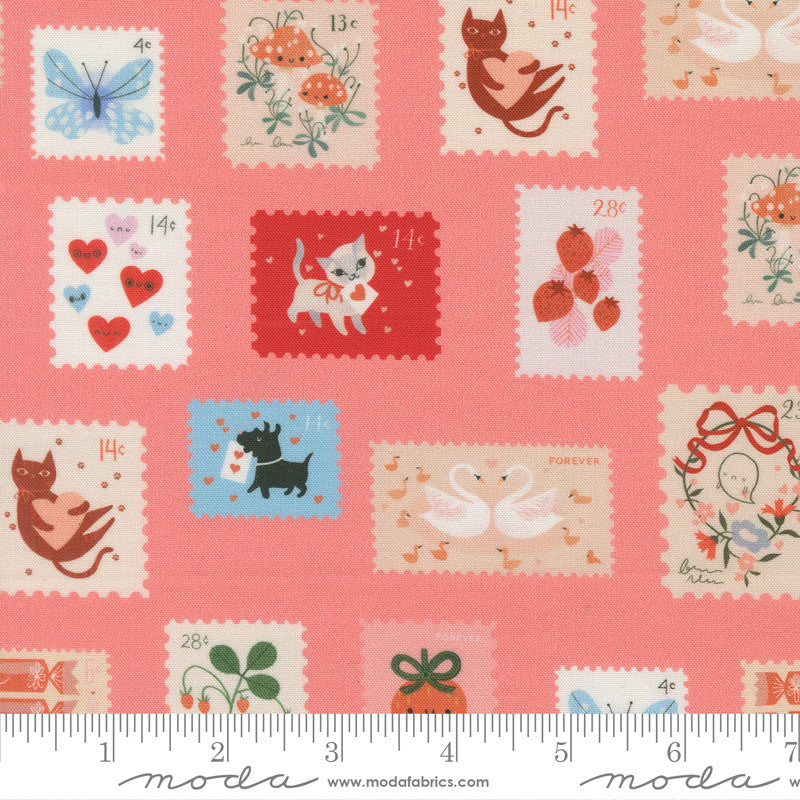 PRESALE Funny Valentine Stamps Coral Yardage by Lizzy House for Moda Fabrics | 37143 14