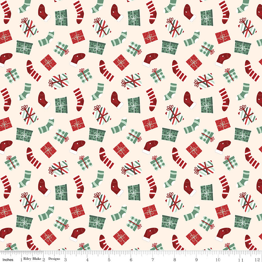 Evergreen Wishes Stockings & Gifts Cream Yardage by Traci Reed for Riley Blake Designs | C17812-CREAM