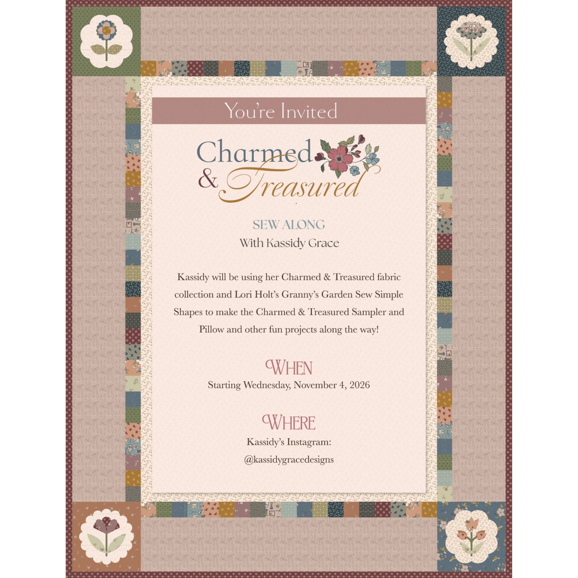PRESALE Charmed & Treasured Sampler Sew Along Quilt Kit by Kassidy Grace for Riley Blake Designs | Quilt size is 68.5" x 88.5