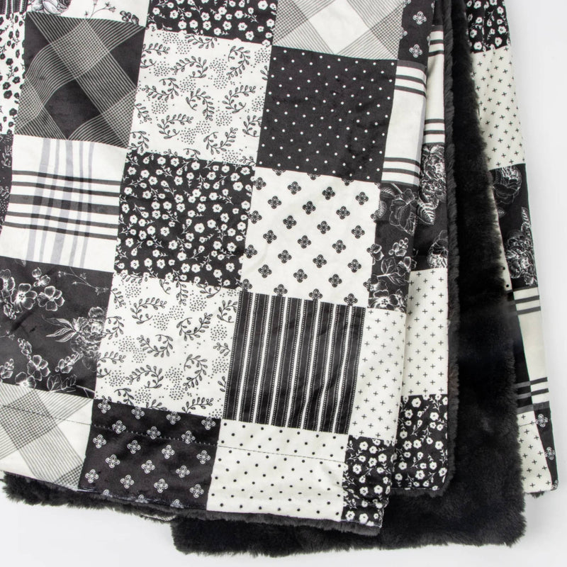 Modern Minky Blanket by Dreamy Blankets  | Fleur Noir Black & White Patchwork| Premium Soft Minky Blanket | Blanket Size 60" x 72"