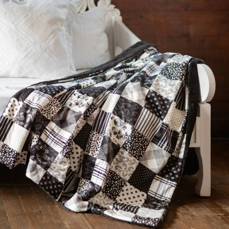 Modern Minky Blanket by Dreamy Blankets  | Fleur Noir Black & White Patchwork| Premium Soft Minky Blanket | Blanket Size 60" x 72"