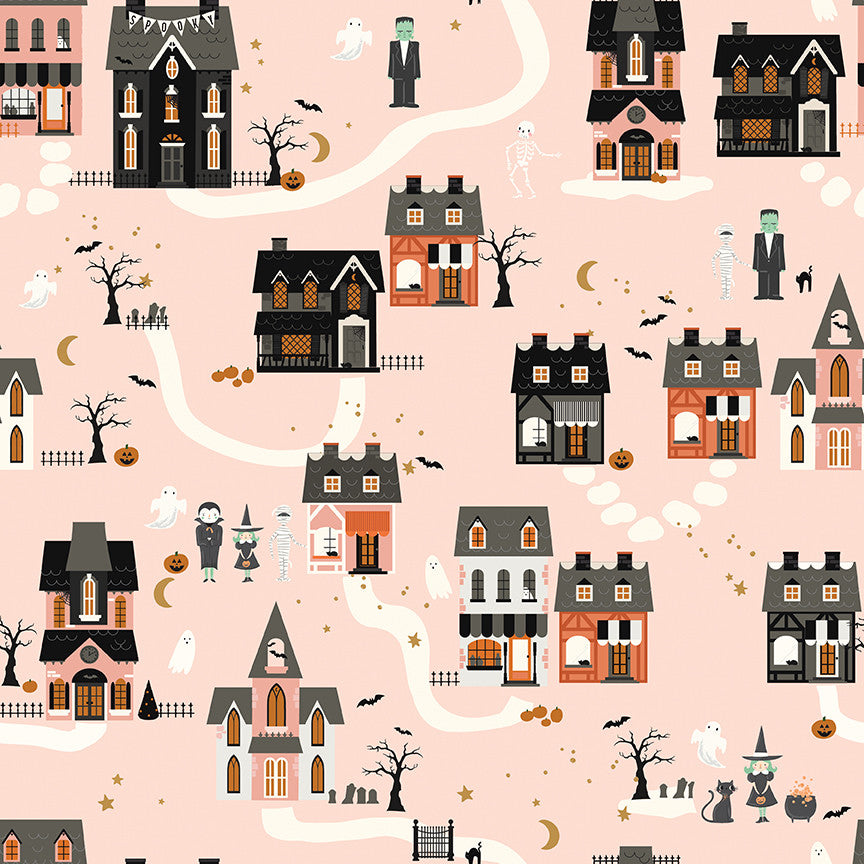 Frank and Friends Houses Pink Yardage by My Mind's Eye for Riley Blake Designs | C17471-PINK