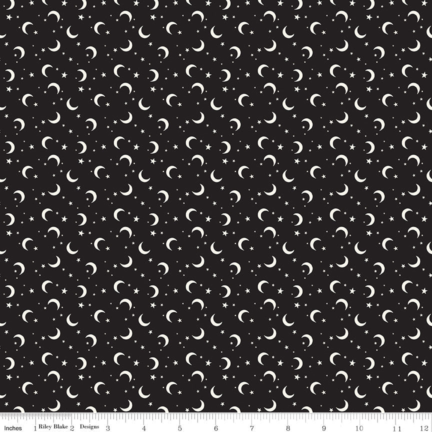 Frank and Friends Moon & Stars Black Glow in the Dark Yardage by My Mind's Eye for Riley Blake Designs | GC17477-BLACK
