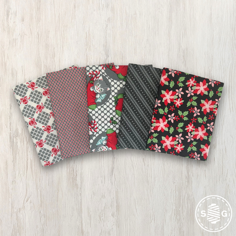 Kitty Christmas Custom Fat Quarter Coal Colorway Bundle by Urban Chiks | Curated Bundle 5 Fat Quarters