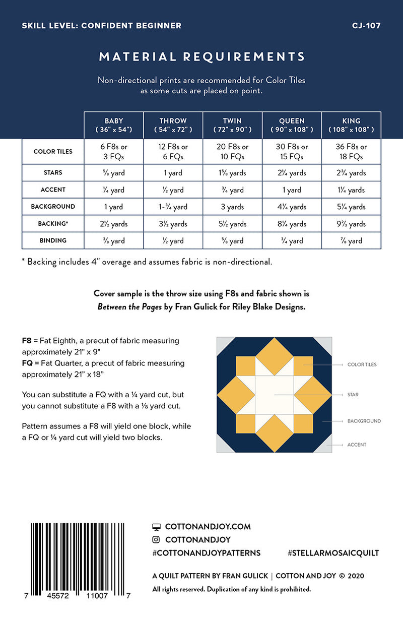 Stellar Mosaic Quilt Pattern by Fran Gulick of Cotton and Joy | Between the Pages | P173-STELLARMOSAIC