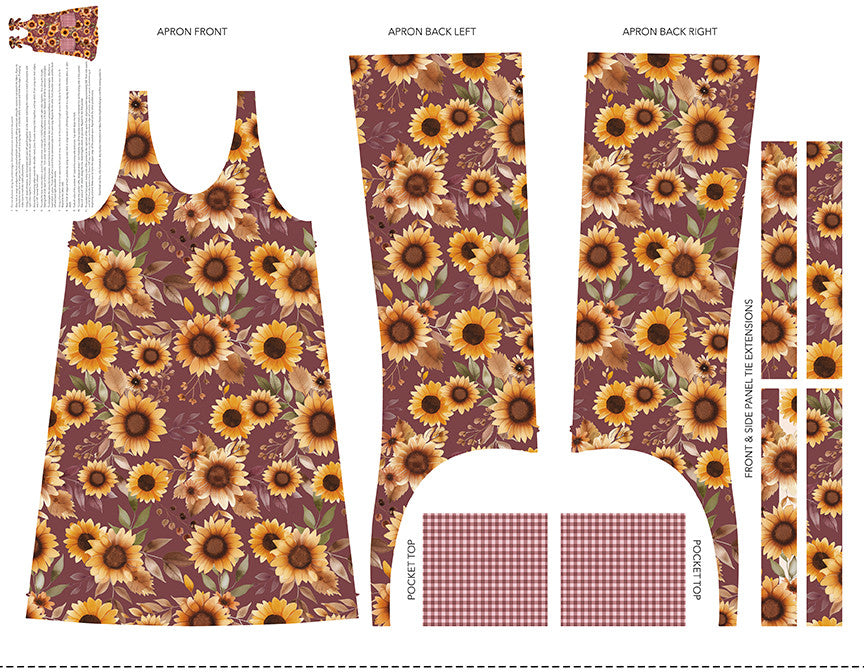 PRESALE Harvest of the Prairie Cottage Sunflower Pinafore Apron Panel Wine by Modern Prairie for Riley Blake Designs | HD18292-WINE