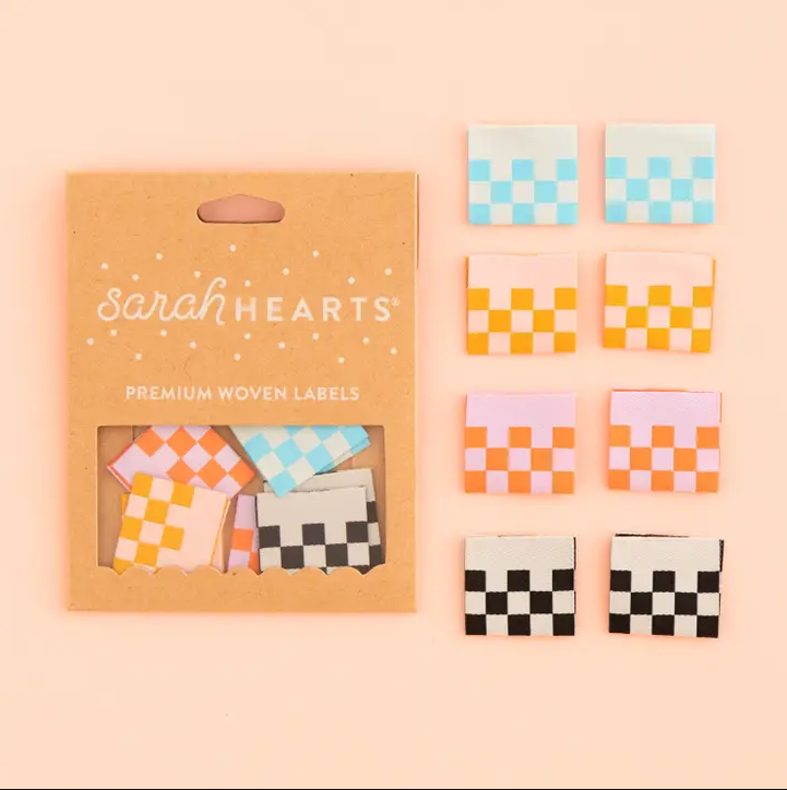 Sarah Heart Checkerboard Multipack Sewing Woven Clothing Quilt Label Tags | 8 Labels per Bag