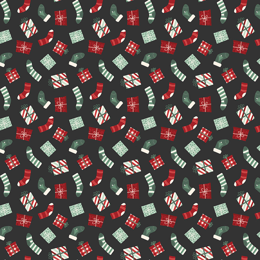 Evergreen Wishes Stockings & Gifts Black Yardage by Traci Reed for Riley Blake Designs | C17812-BLACK