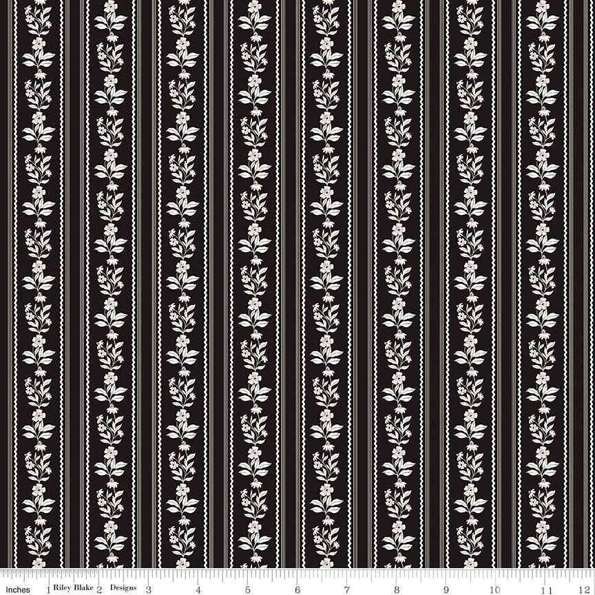 PRESALE Moonlit Trellis Floral Stripe Black Yardage by My Mind's Eye for Riley Blake Designs | C18214-BLACK