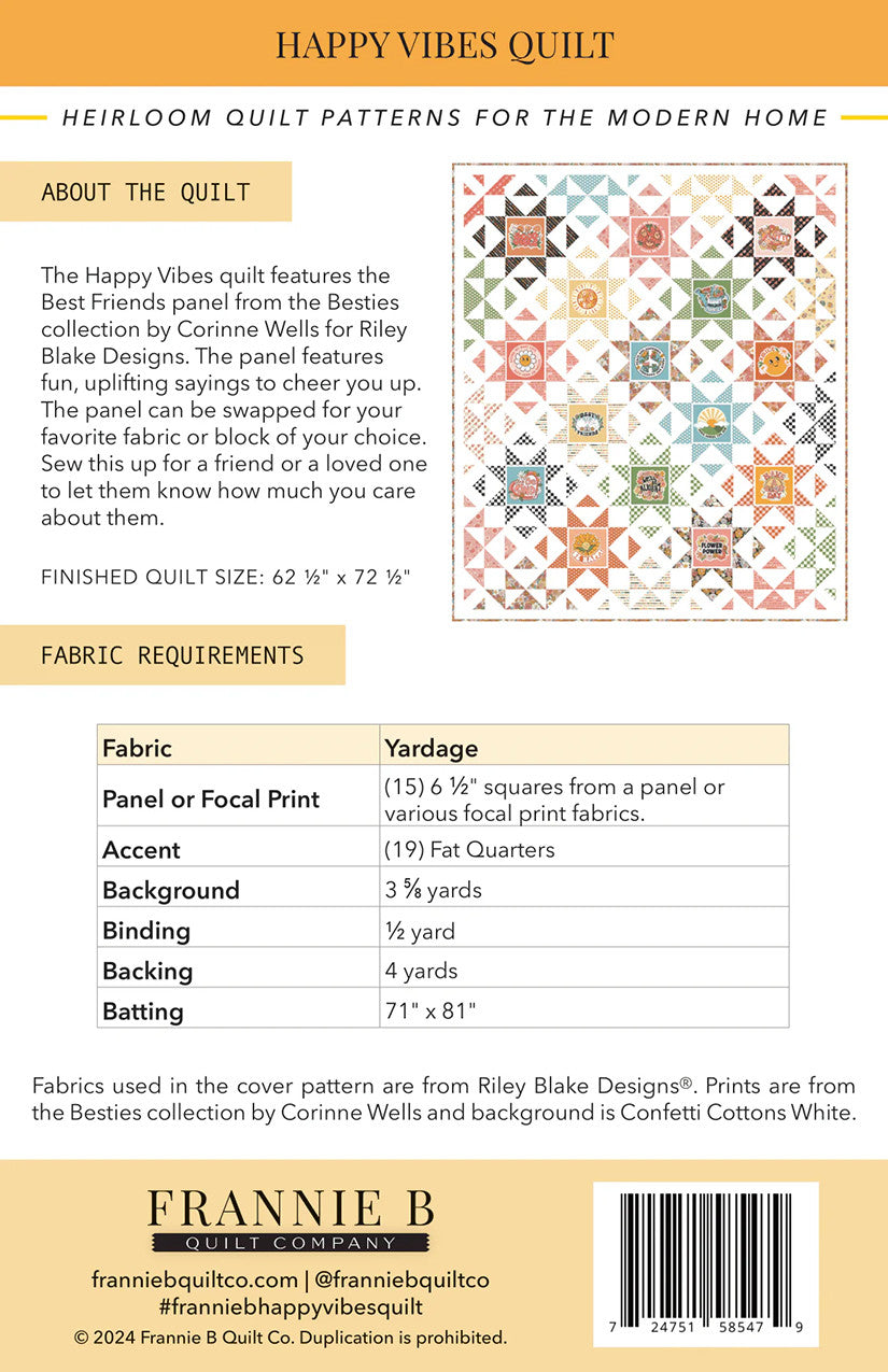 Happy Vibes Quilt Pattern by Corinne Wells of Frannie B Quilt Co.|  P172-HAPPYVIBES