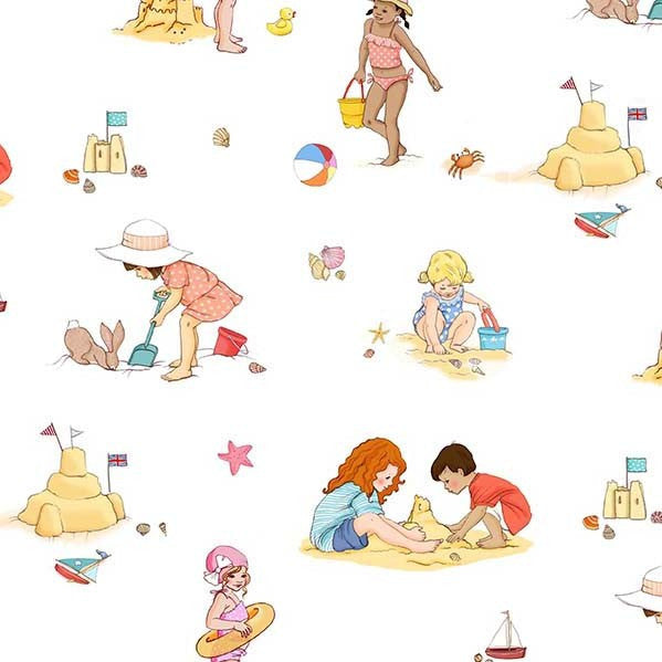 Sunshine and Sandcastles White Seaside Play  Yardage by Belle and Boo for Michael Miller Fabrics |DC11083-WHIT-D |Hand Illustrated Fabric