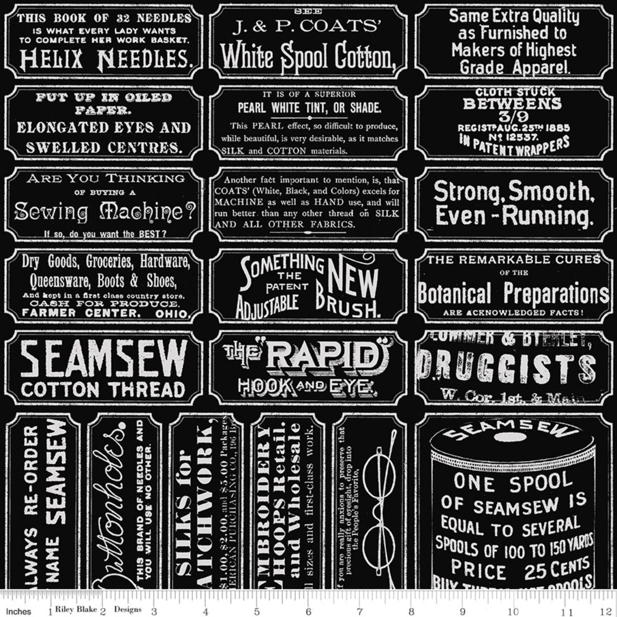 PRESALE She Who Sews–The Maker Sewing Labels Black Yardage by J. Wecker Frisch for Riley Blake Designs | C18532-BLACK