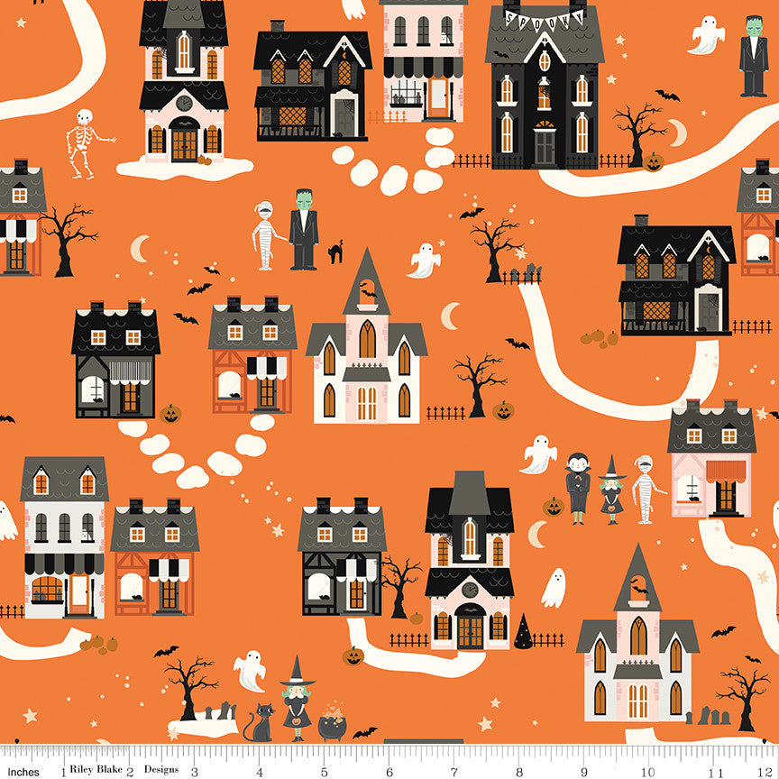 Frank and Friends Houses Orange Yardage by My Mind's Eye for Riley Blake Designs | C17471-ORANGE