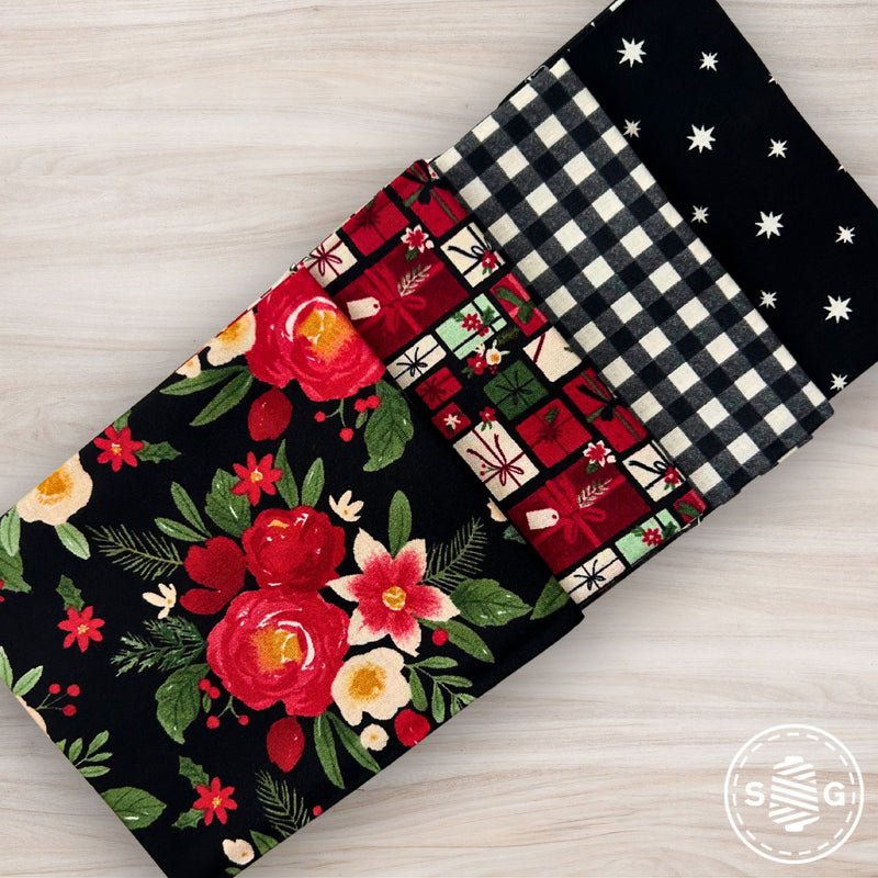 Charming Christmas Custom Fat Quarter Bundle Black by Kelsey Carlson for Riley Blake Designs | 4 Precut Fat Quarters