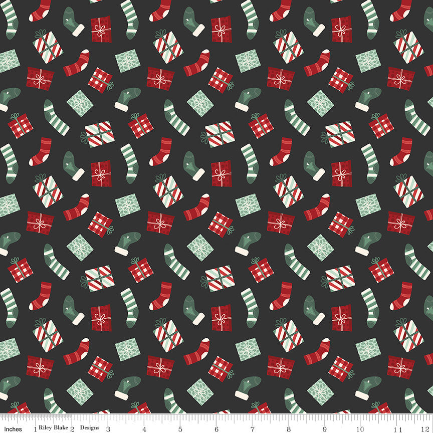 Evergreen Wishes Stockings & Gifts Black Yardage by Traci Reed for Riley Blake Designs | C17812-BLACK