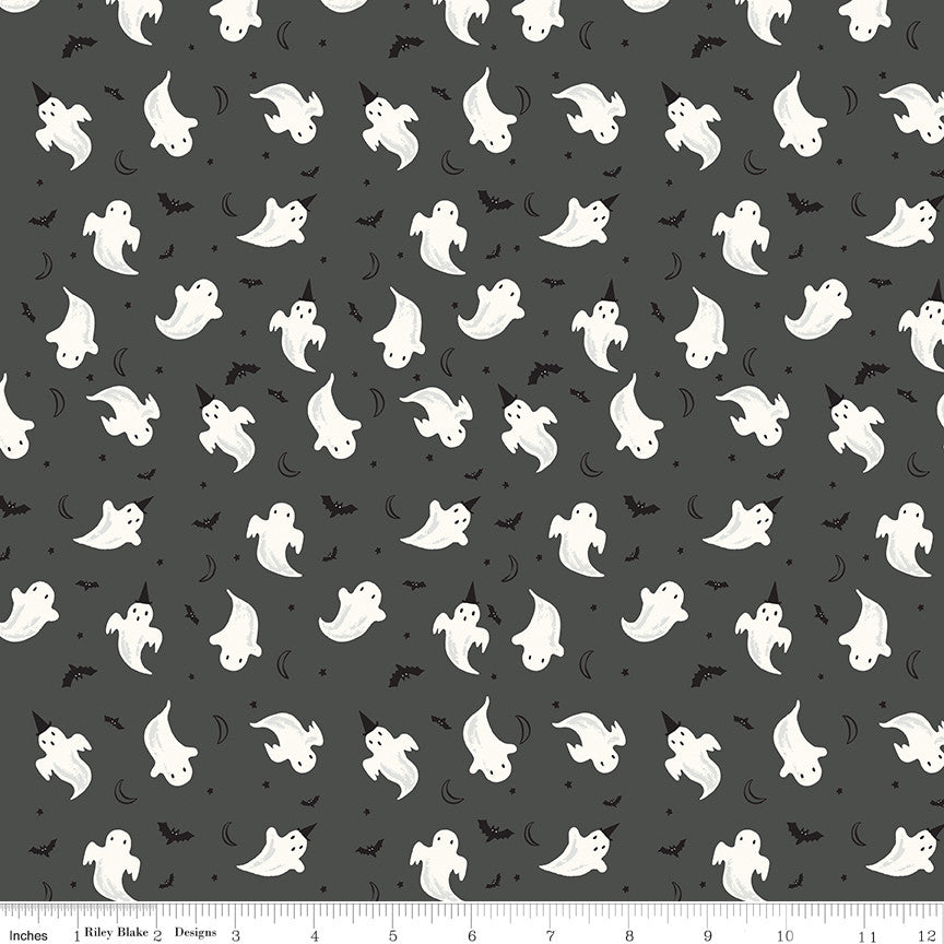 Frank and Friends Ghosts Charcoal Glow in the Dark Yardage by My Mind's Eye for Riley Blake Designs | GC17475-CHARCOAL