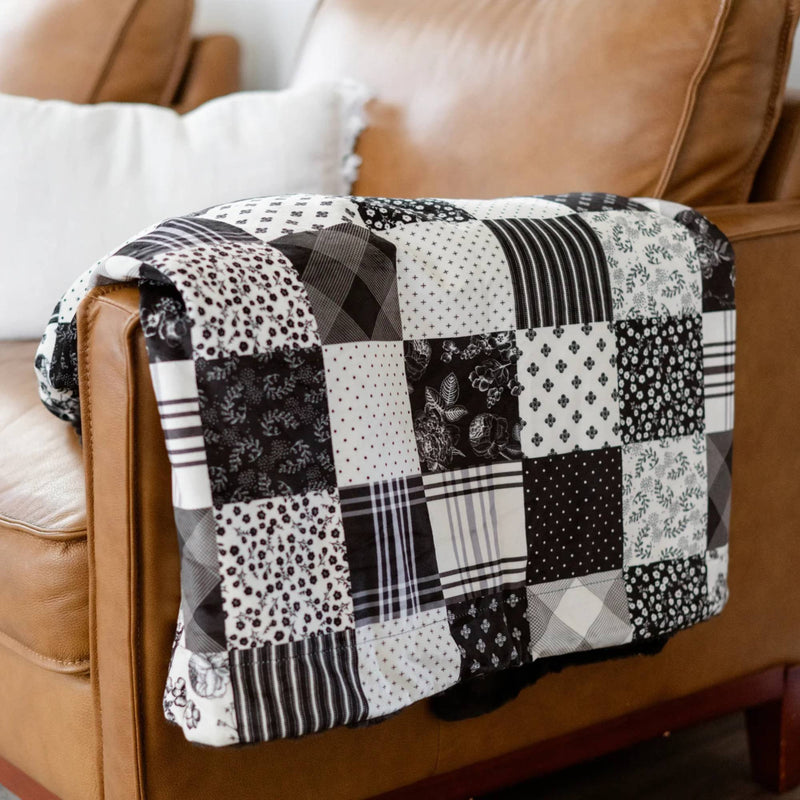 Minky Blanket Fleur Noir Black & White Patchwork by Dreamy Minky Blankets  | Premium Soft Minky Blanket | Blanket Size 60" x 72"