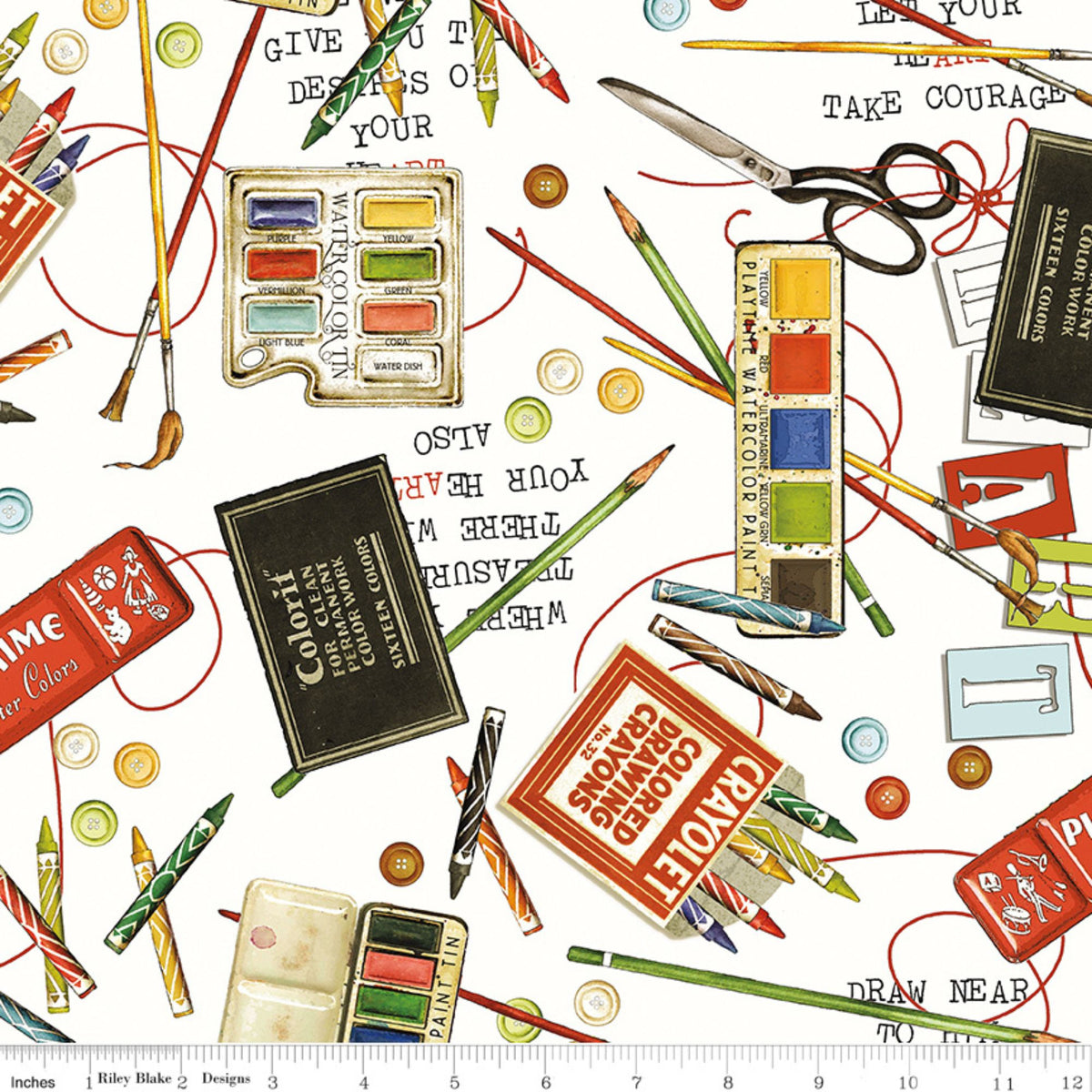 PRESALE She Who Sews–The Maker Draw Near Art Toss White Yardage by J. Wecker Frisch for Riley Blake Designs | CD18527-WHITE