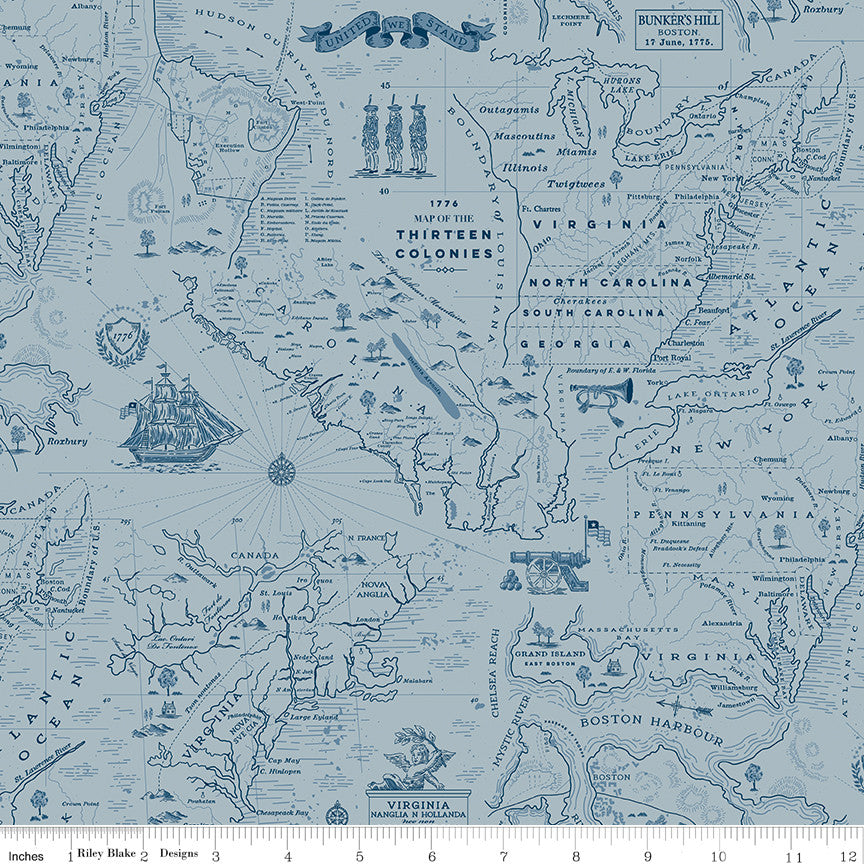 Independence Colonial Map Blue Yardage by the RBD Designers for Riley Blake Designs | C17332-BLUE
