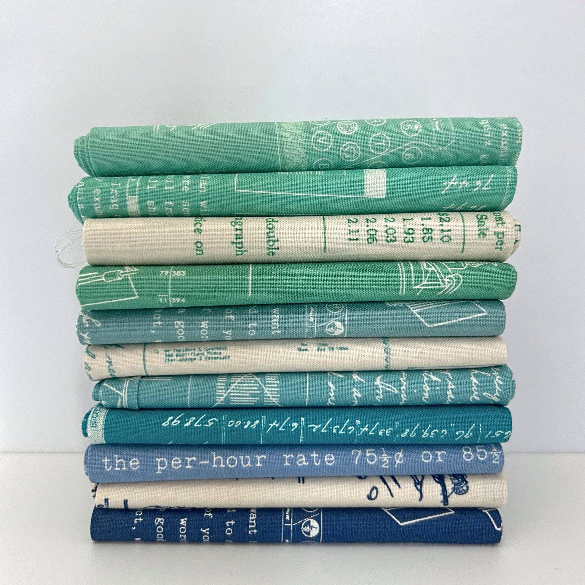 Coastal Fabric Bundle | TYPE/ography by Lori Holt of Bee in my Bonnet | 11 Pieces | Sea Glass, Teal & Navy | Curated Fat Quarter or Half Yard Bundle