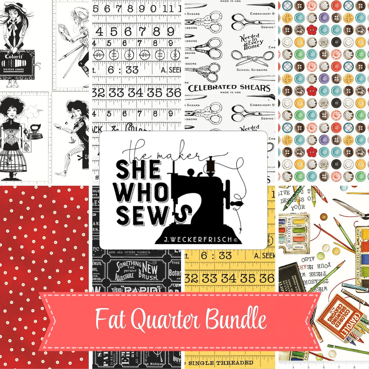 PRESALE She Who Sews–The Maker Fat Quarter Bundle by J. Wecker Frisch for Riley Blake Designs | 8 Fat Quarters | Curated Bundle