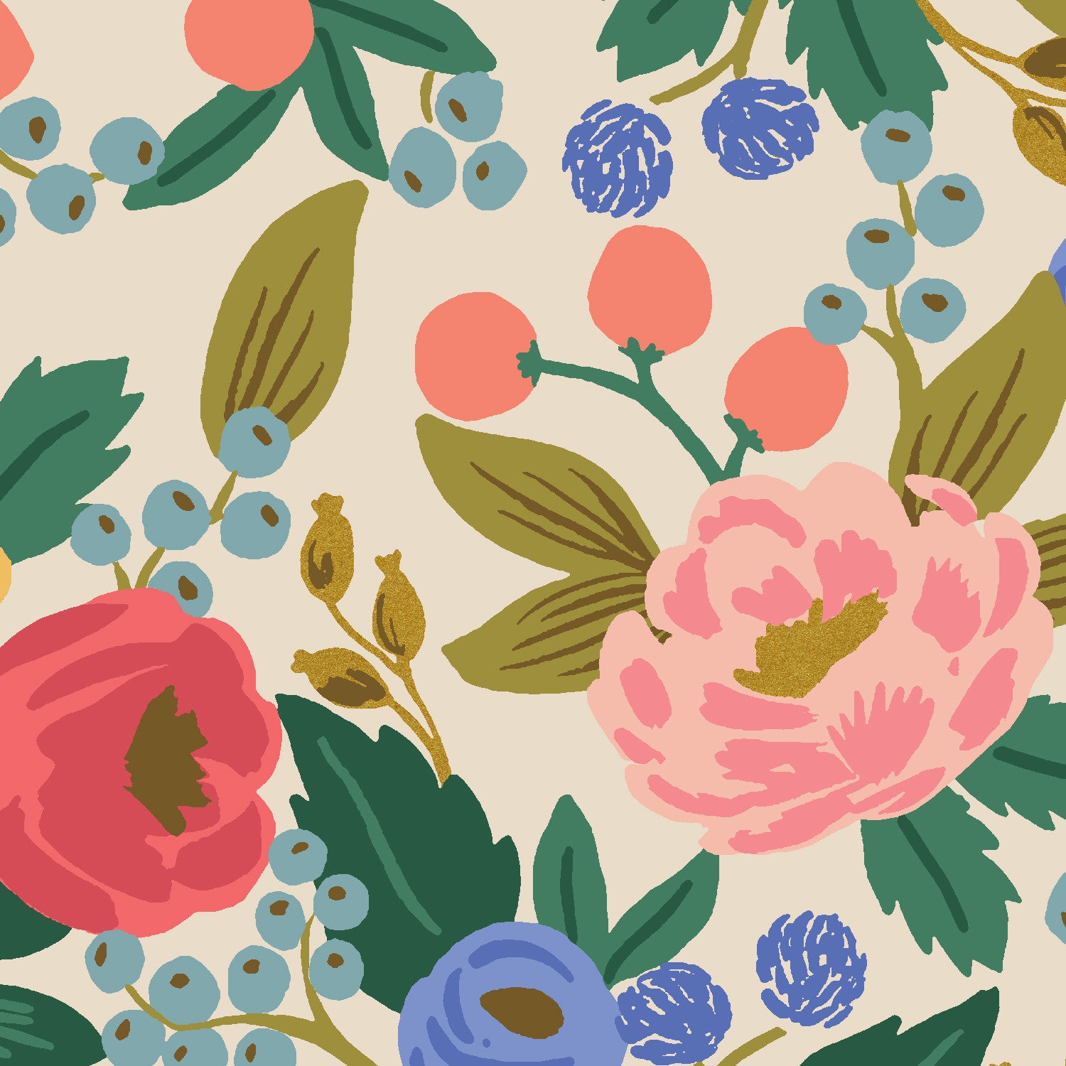 Rifle Paper Vintage Garden Cream Metallic Vintage Blossom Canvas Yardage by Cotton and Steel Fabrics |RP1001 CR5CM